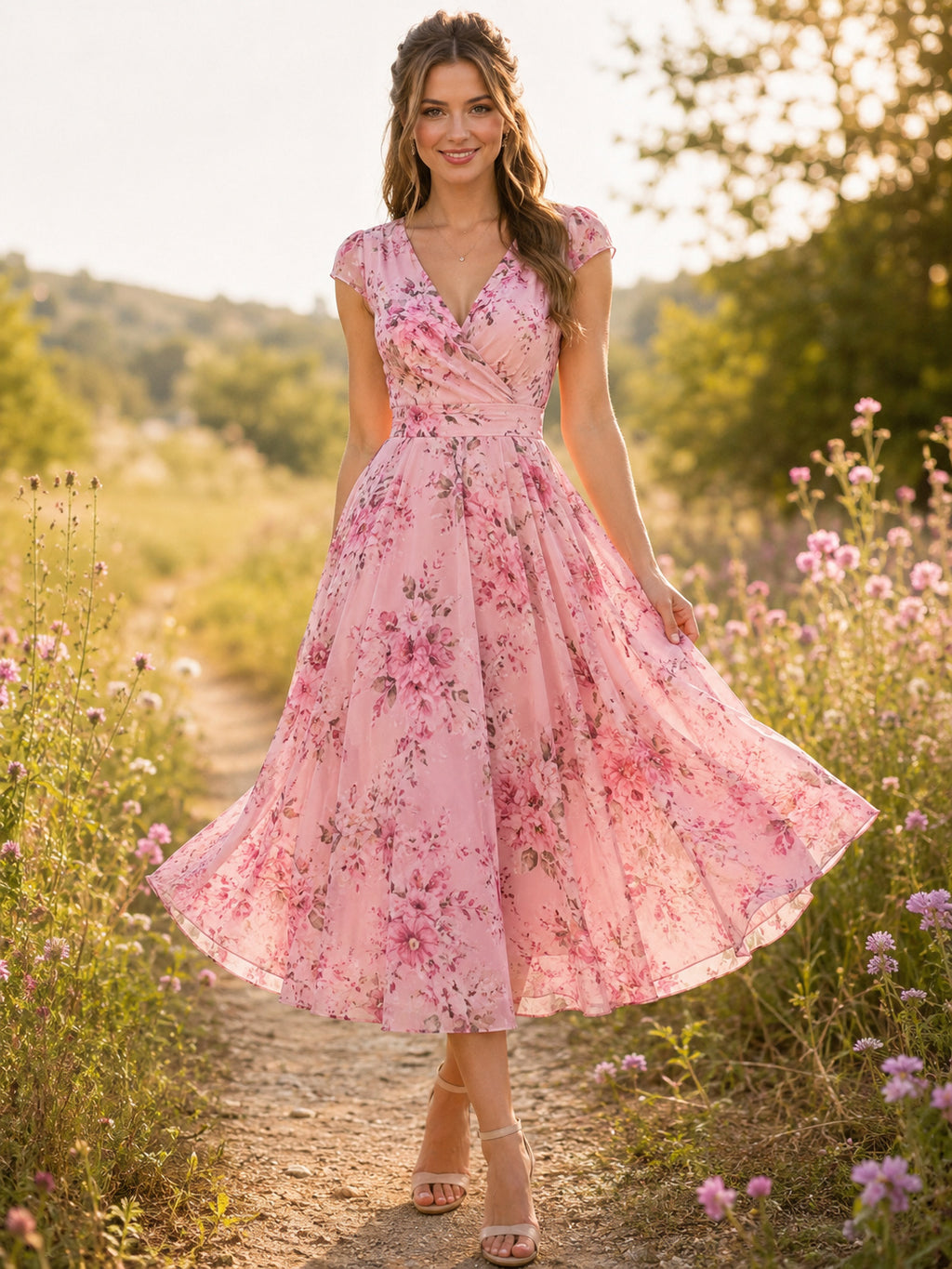 Pink Floral V-Neck Cap Sleeve Country Midi Dress front view