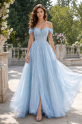 Sky Blue Off the Shoulder Tulle Ball Gown with Side Slit and Full Skirt Floor Length And Sweep/Brush Train Ball Gown Prom Dre