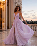 Lavender Plunging V-Neck Floor-Length Chiffon A-Line Dress