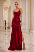 Red Cowl Neck Satin Sheath Formal Dress with Spaghetti Straps and Side Split front view