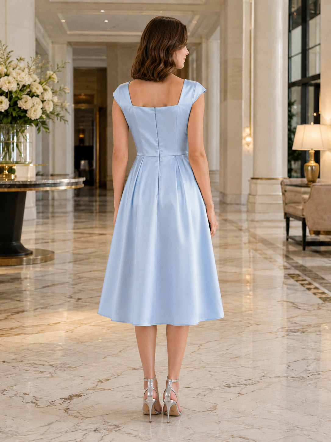 Sky Blue Teen Square Neck Satin Tea Length A Line Semi Formal Dress back view