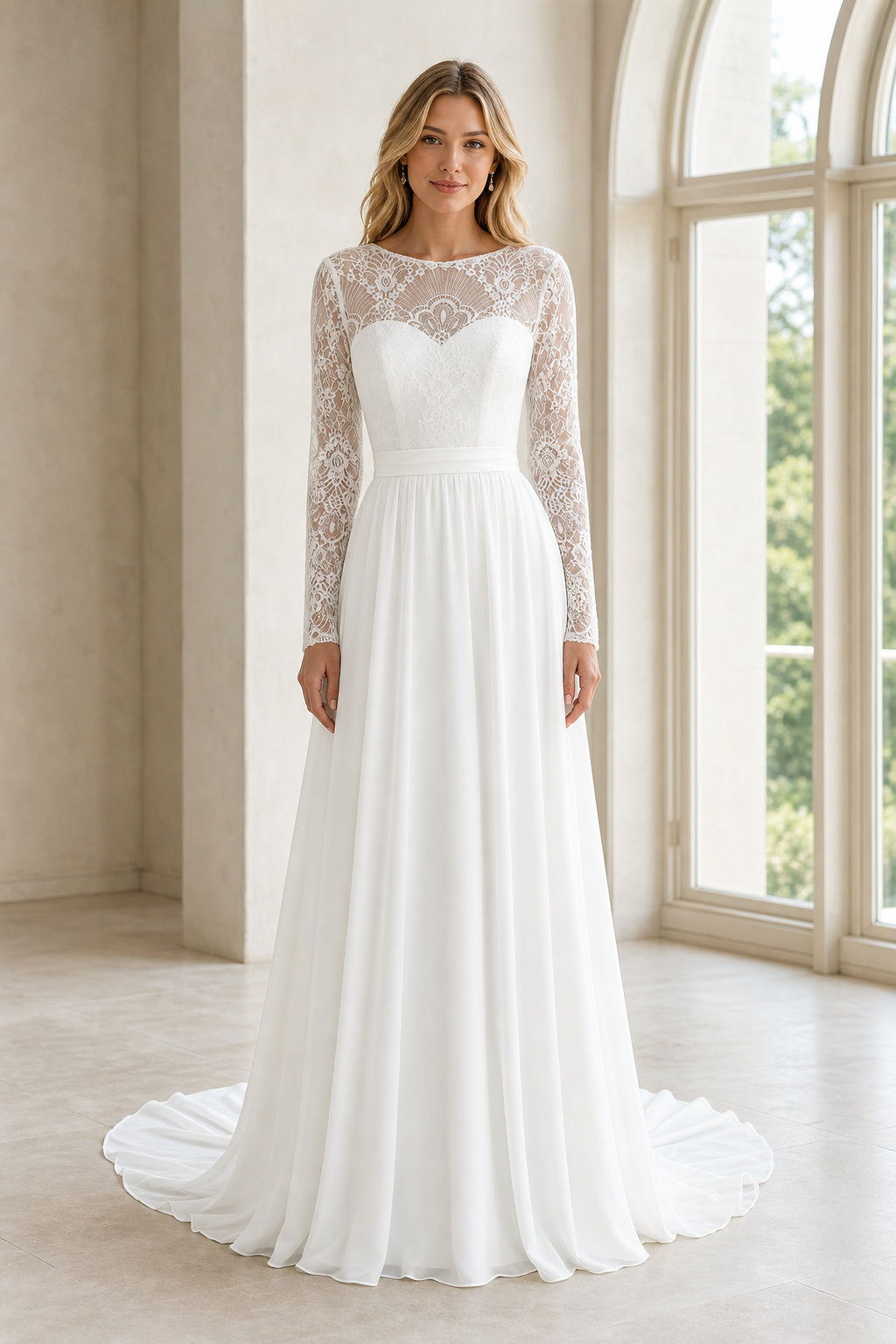 White Square A-Line Lace Floor-length Wedding Dress With Lace and Beaded Bodice and Open Back