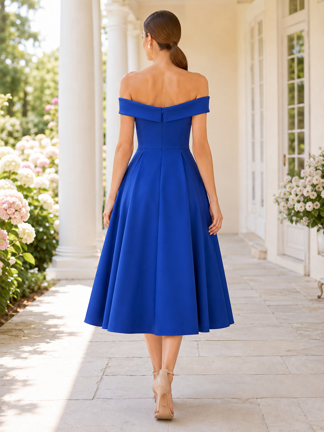 Cobalt Blue Off Shoulder Satin Tea Length A Line Cocktail Dress back view