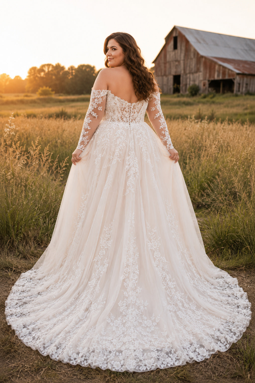 Plus Size Ivory Off-the-Shoulder Long Illusion Sleeve Lace Tulle A-Line Wedding Dress with Chapel Train back view