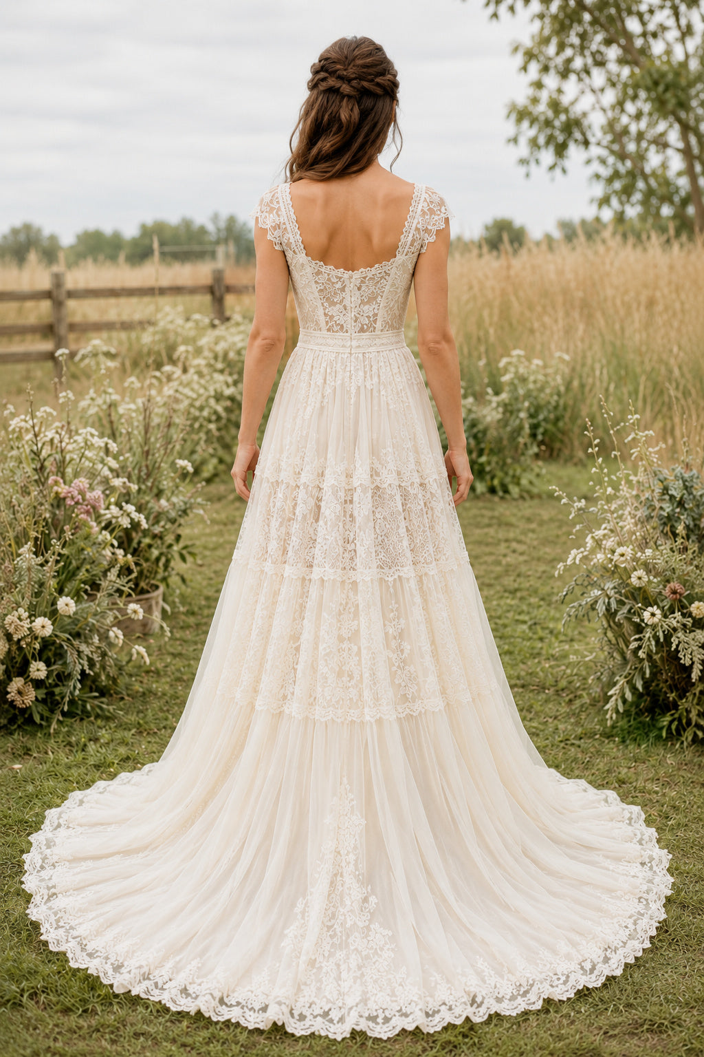 Ivory Cap Sleeve Tiered Lace A-Line Boho Wedding Dress with Lace Trim and Sweep Train back view