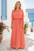 Coral Bateau Short Sleeve A-Line Chiffon Floor-Length Dress With Sash