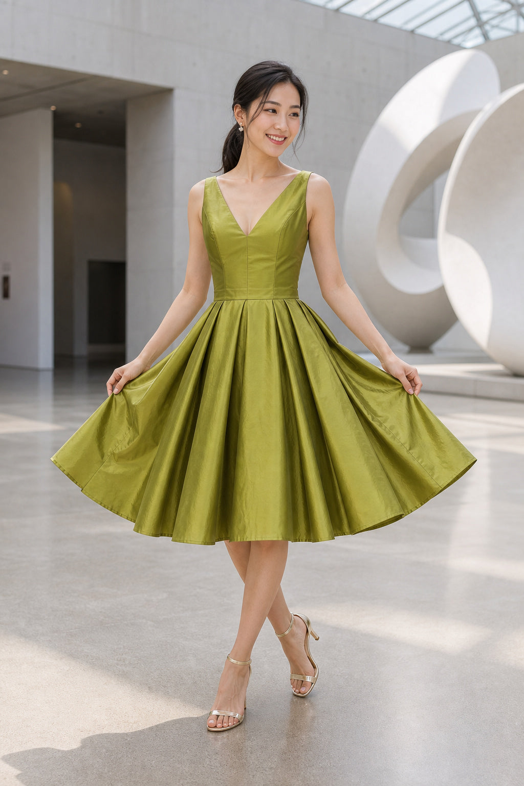 Olive V-neck Sleeveless A-Line Satin Tea-Length Dress With Box Pleats