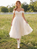 Romantic Tulle Tea-Length A-Line Off Shoulder Wedding Dress Casual Adorable Off-the-shoulder front view