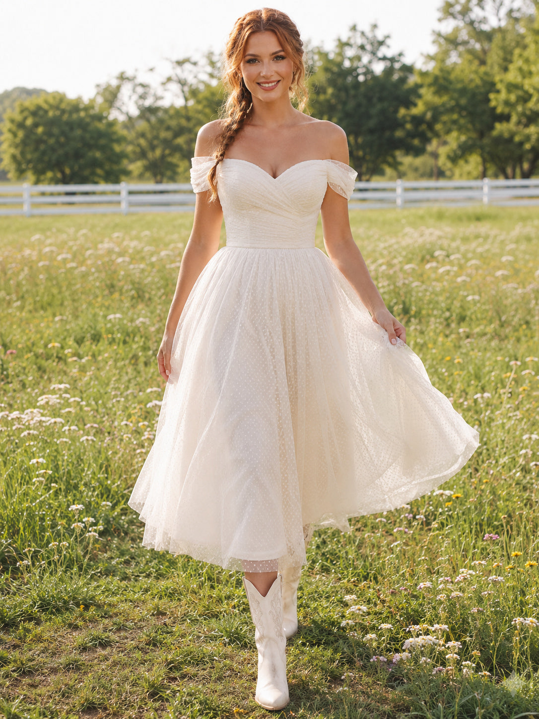 Romantic Tulle Tea-Length A-Line Off Shoulder Wedding Dress Casual Adorable Off-the-shoulder front view