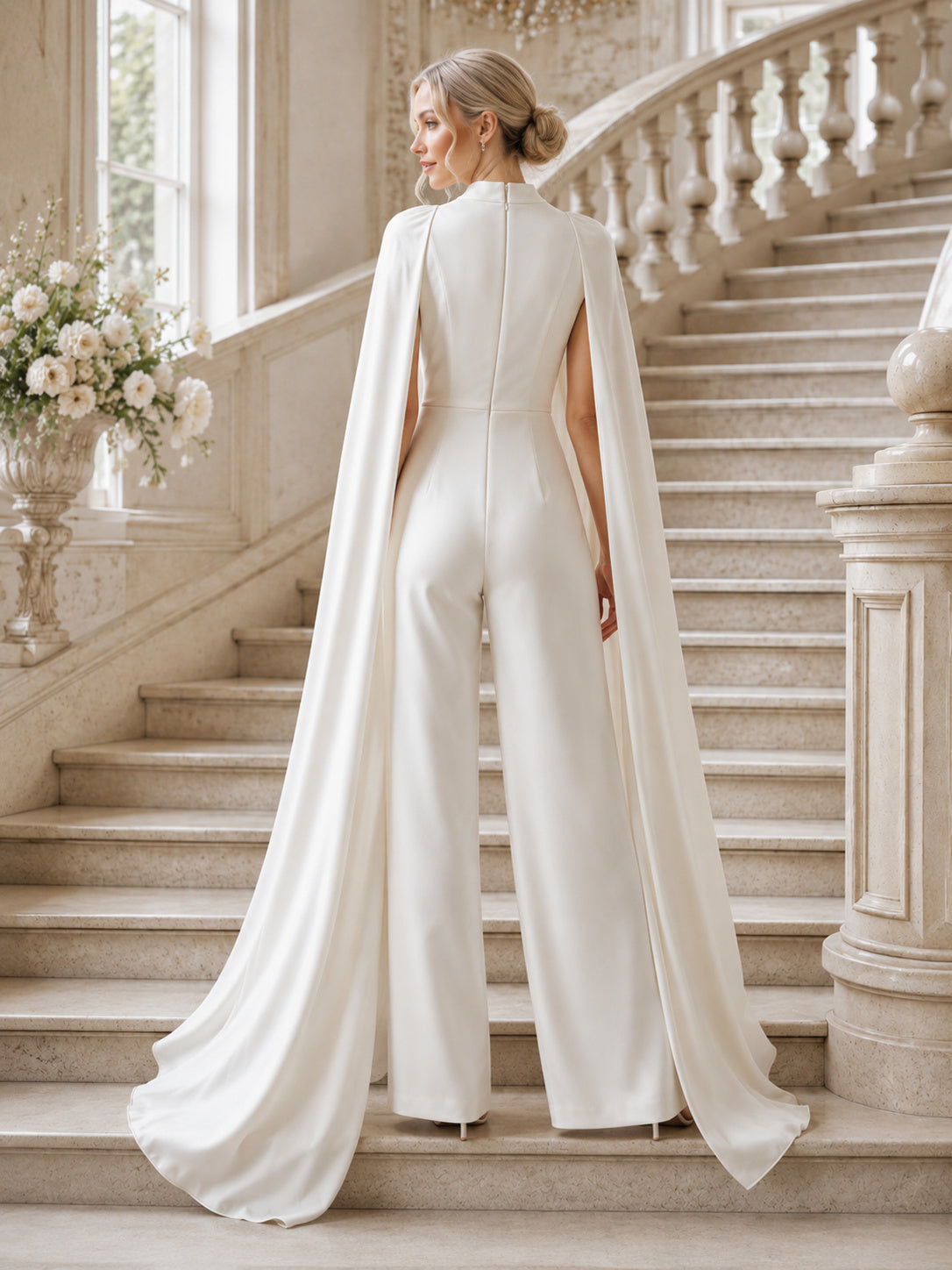 Minimalist Satin Chiffon Wedding Jumpsuit High Neck Cape Sleeve Sweep Train back view