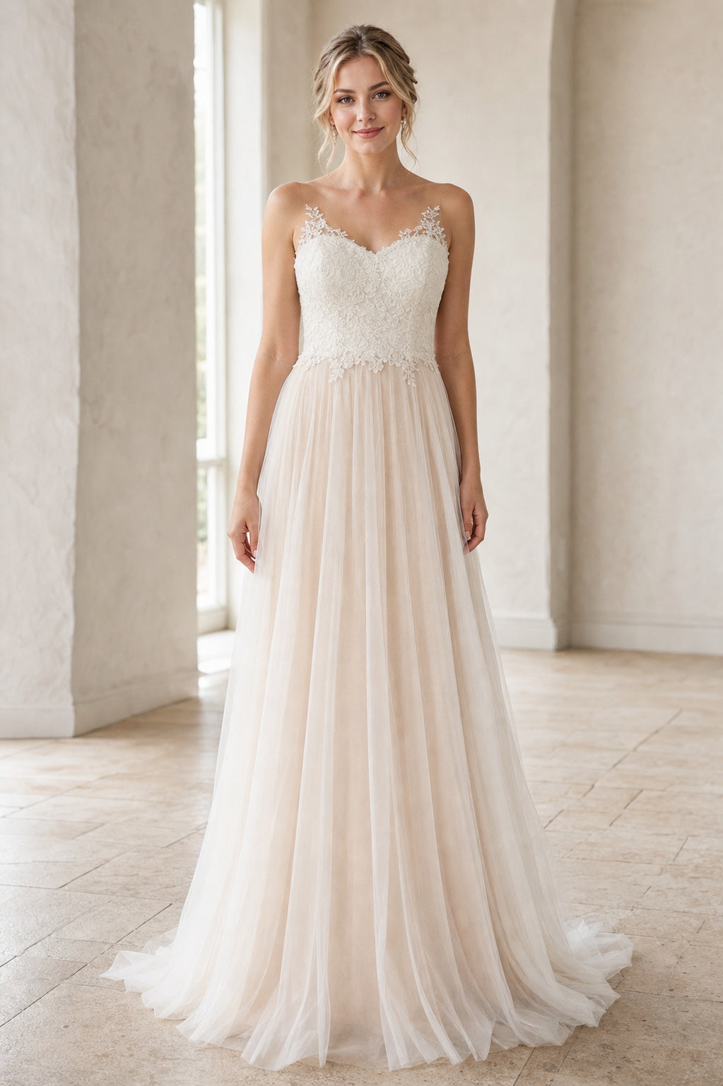 White Scoop Three-Quarter Sleeves Sheath Lace Floor-length Wedding Dress With Lace and Sweep Train and Open Back