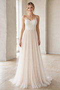 White Scoop Three-Quarter Sleeves Sheath Lace Floor-length Wedding Dress With Lace and Sweep Train and Open Back