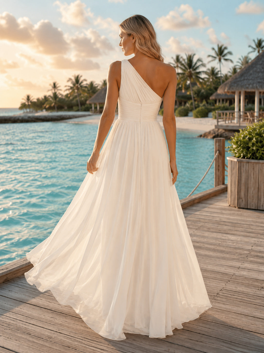 One Shoulder Tulle Tropical Island Resort Elopement Gown back view