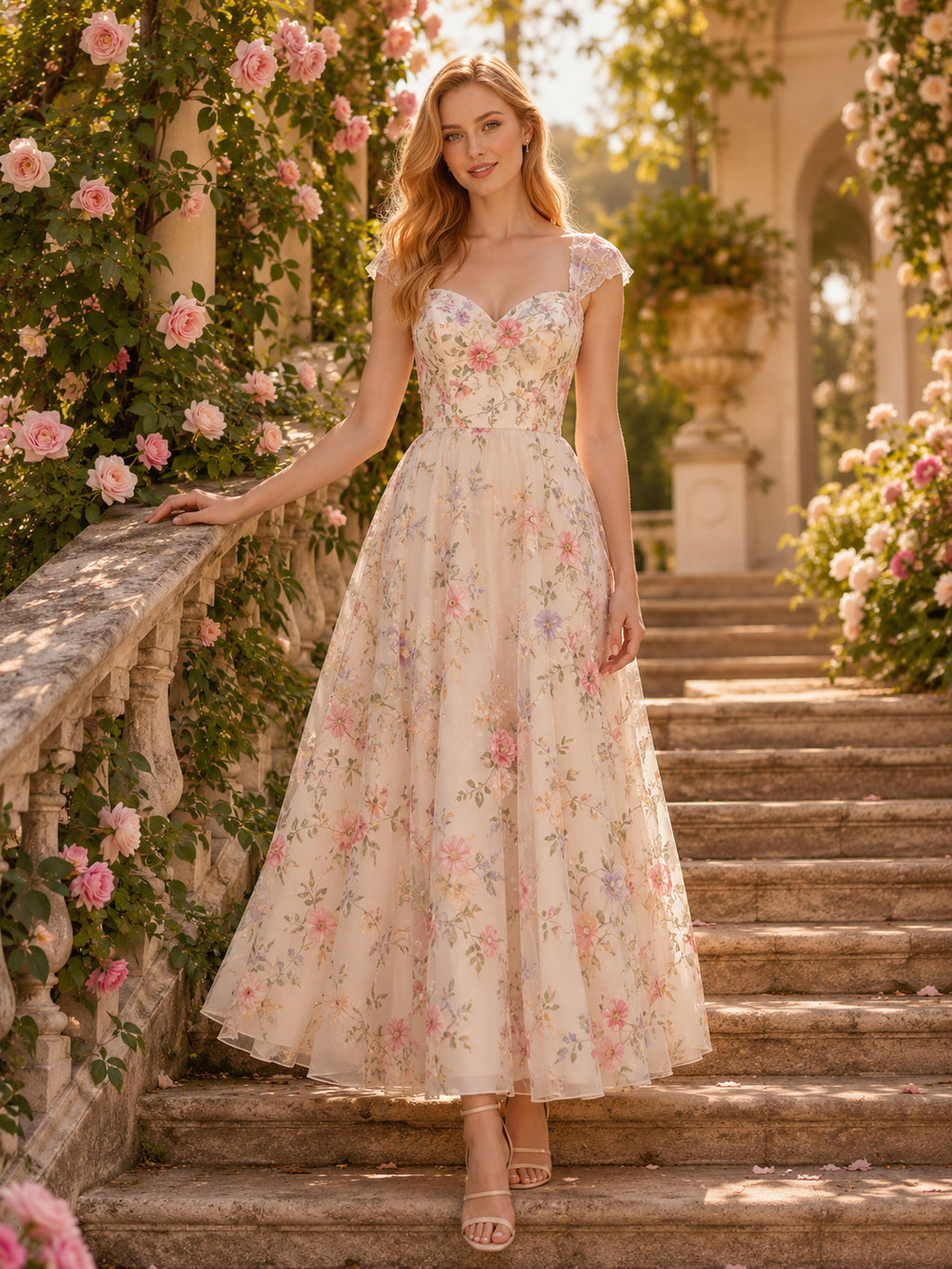 Light Floral Spaghetti Strap Garden Party Midi Dress front view