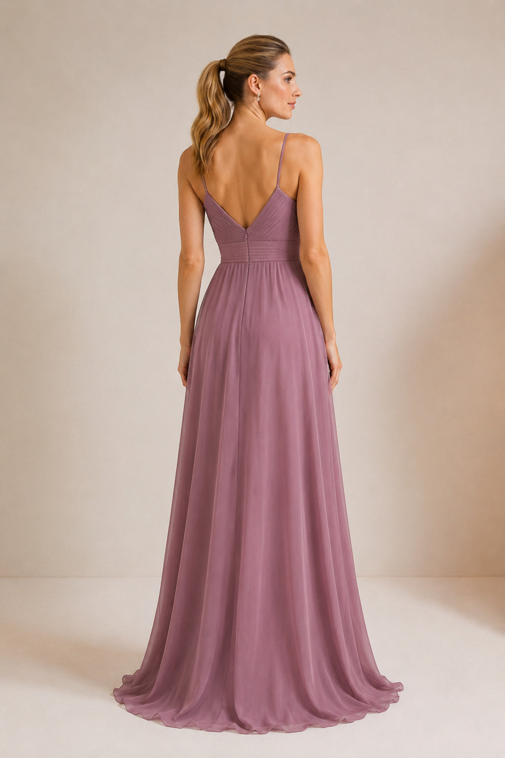 Mauve Spaghetti Strap V-Neck Chiffon A-Line Bridesmaid Dress with Cascading Ruffle back view