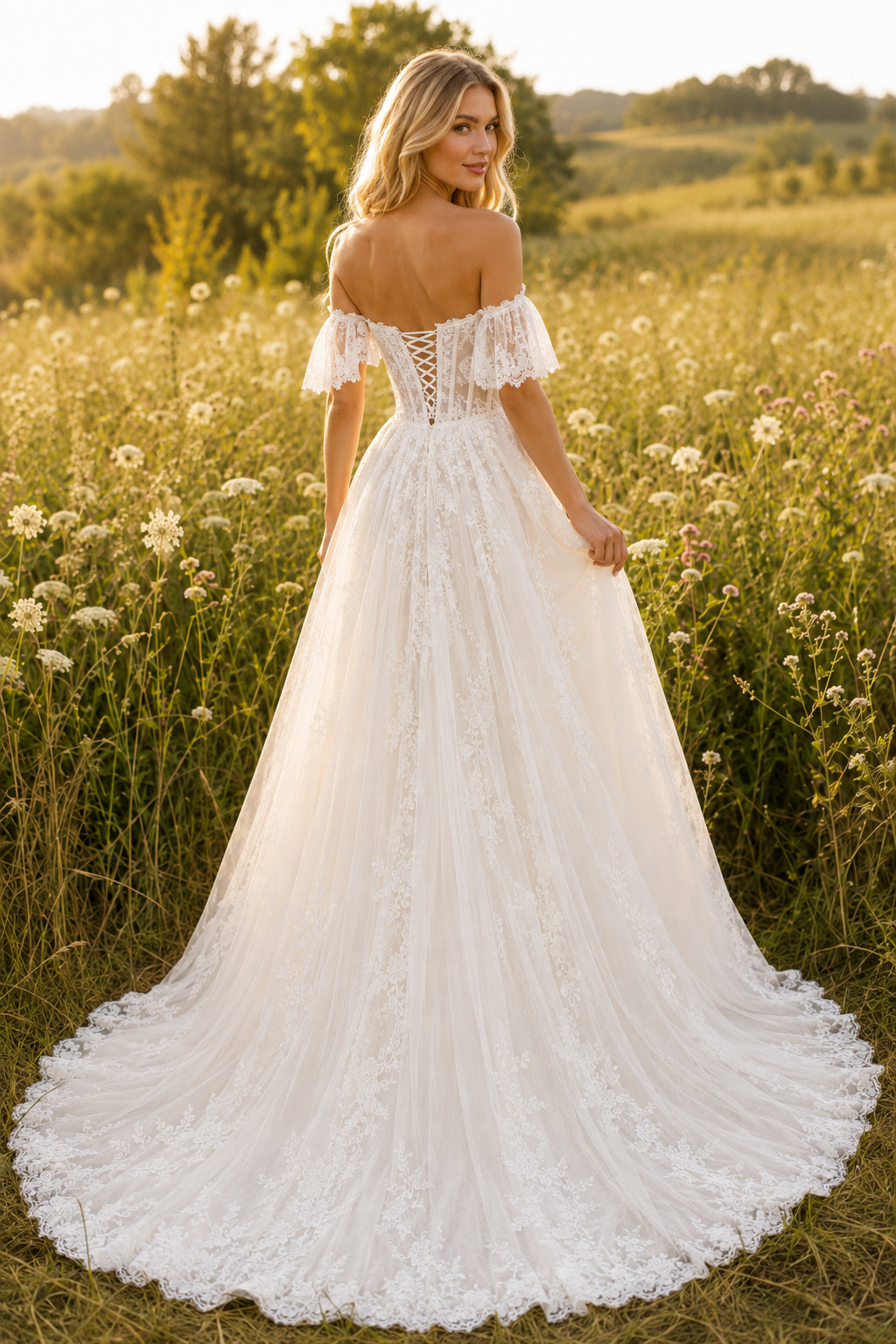 Ivory Off-the-Shoulder Lace A-Line Wedding Dress with Full Tulle Skirt back view