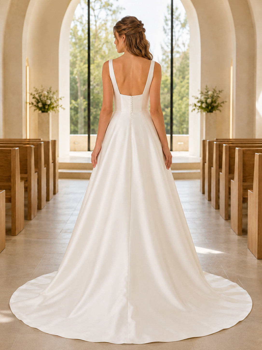 Square Neck Satin A Line Chapel Ceremony Bridal Gown back view
