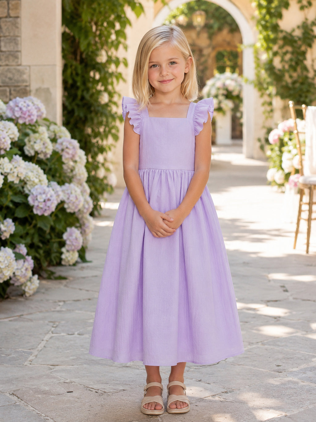 Flower Girl Dress Lavender Chiffon Tulle A-Line Short Sleeve Scoop Tea length Pleated front view