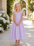 Flower Girl Dress Lavender Chiffon Tulle A-Line Short Sleeve Scoop Tea length Pleated front view