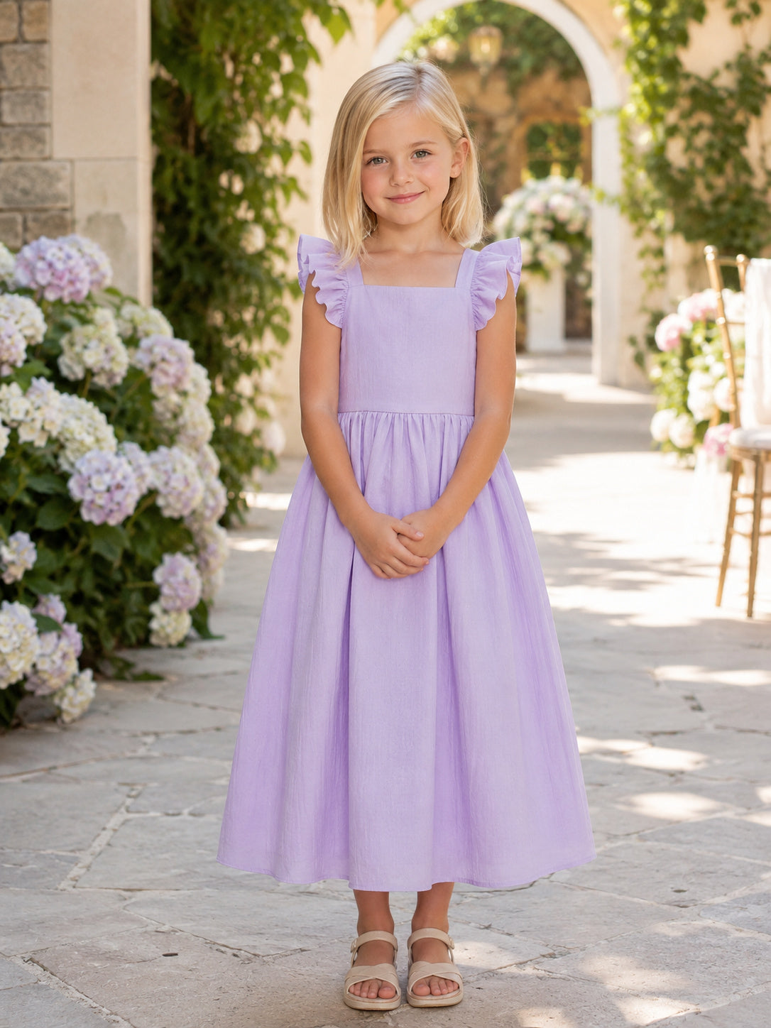 Flower Girl Dress Lavender Chiffon Tulle A-Line Short Sleeve Scoop Tea length Pleated front view