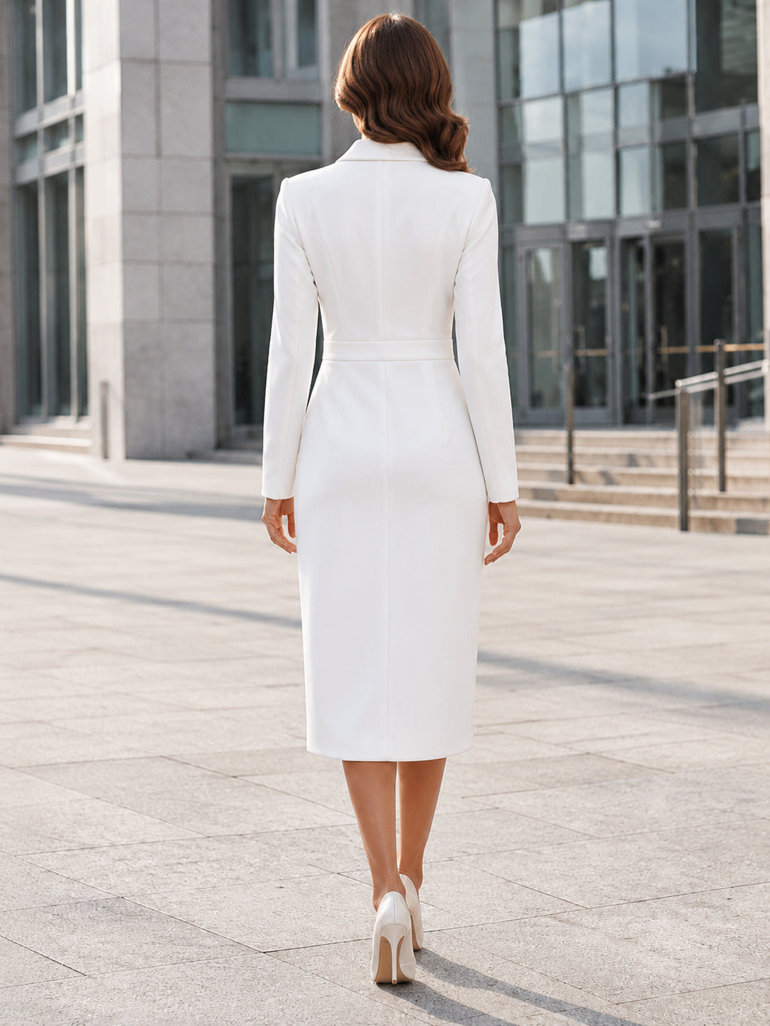 Long sleeve wrap blazer tailored courthouse bridal midi dress back view