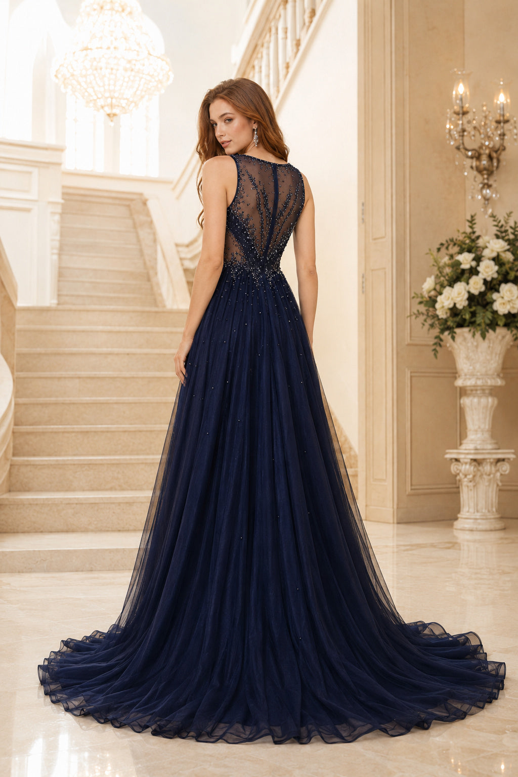 Dark Navy A-Line Evening Dress with Illusion Lace Bodice for Prom Evening and Formal Reception Events back view
