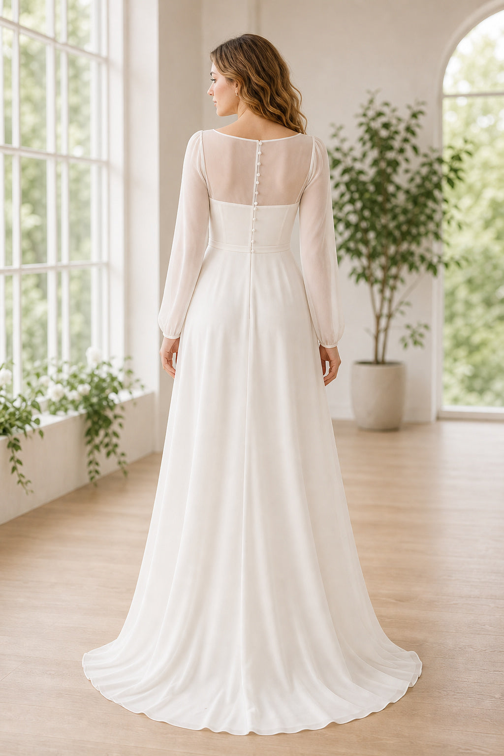 White Scoop Three-Quarter Sleeves A-Line Crepe Floor-length Wedding Dress With Sweep Train and Open Back and Open Back