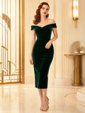 Dark Green Off Shoulder Velvet Sheath Cocktail Dress Style 342238 front view