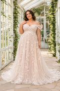 Plus Size Blushing Pink Off-the-Shoulder Flutter Sleeve Lace Tulle A-Line Wedding Dress with Floral Appliques front view