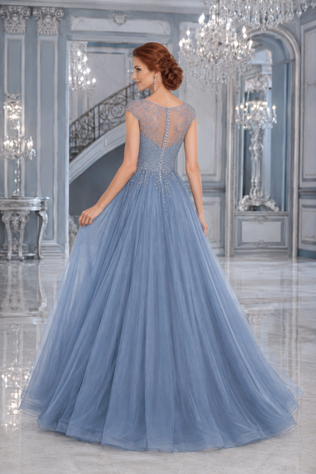 Slate Blue Illusion Cap Sleeve Tulle Ball Gown with Lace Applique Bodice for Prom back view