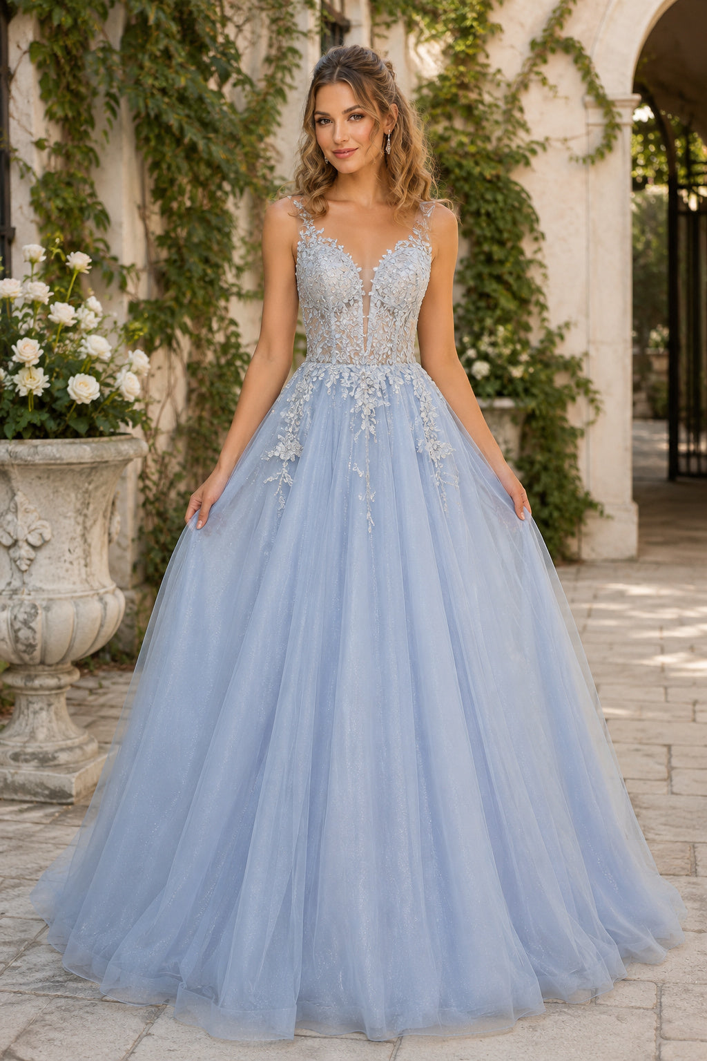 Sky Blue V-Neck Tulle Ball Gown Prom Dress with Lace Applique Bodice and Full Skirt front view