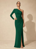Emerald one shoulder long sleeve ruched floor length gown front view