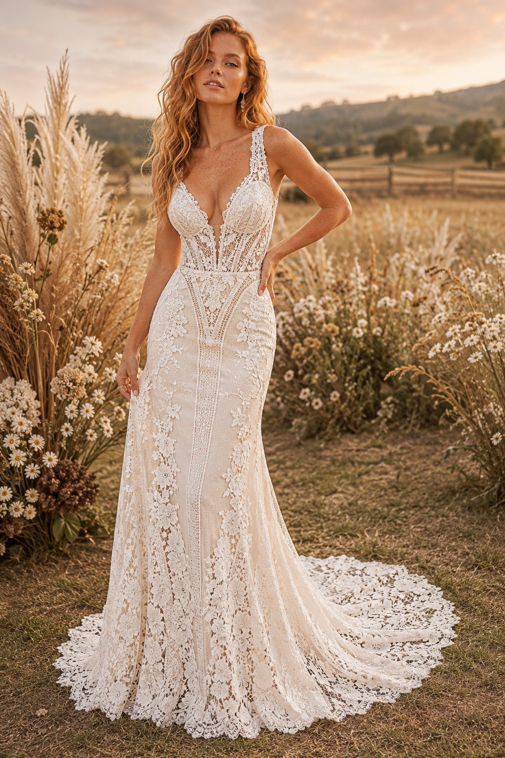 Ivory Spaghetti Lace Mermaid Wedding Dress Chapel Train for Wedding Ceremony and Reception Style MG_701434 front view