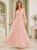 Blush Long Sleeve Moon Star Tulle Maxi Dress front view