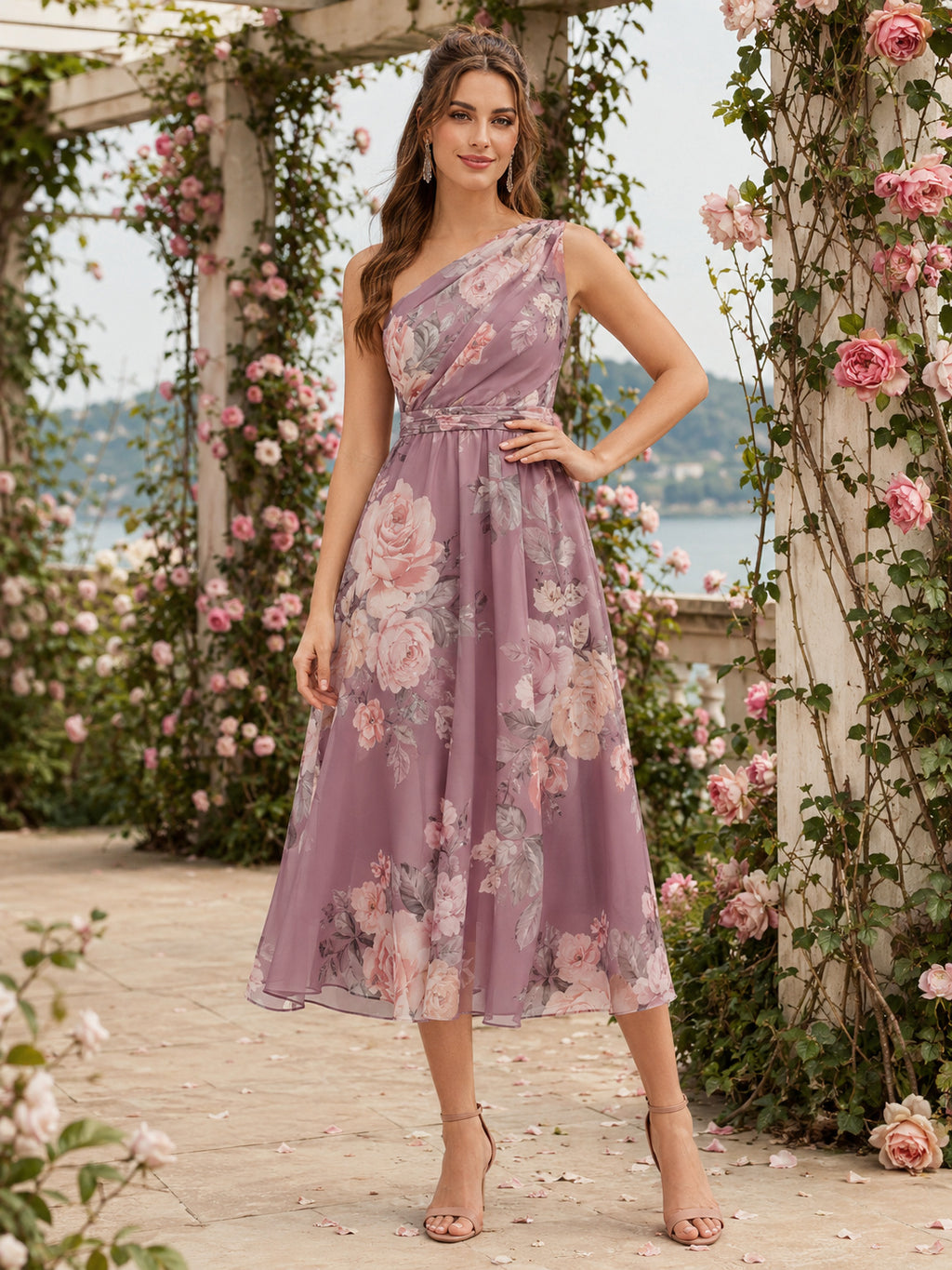 Mauve One Shoulder Floral Chiffon Garden Midi Dress front view