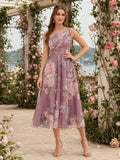 Mauve One Shoulder Floral Chiffon Garden Midi Dress front view