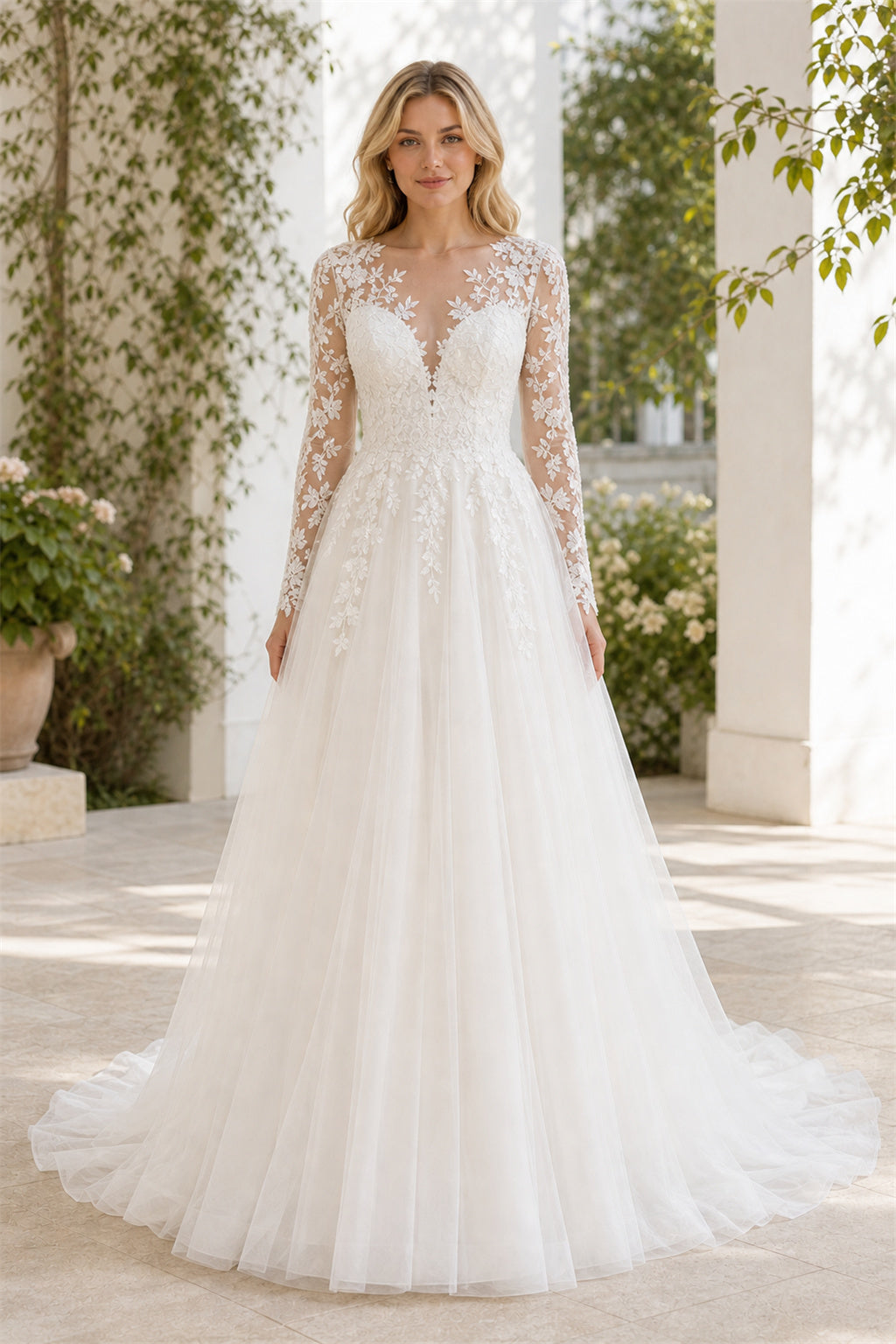 White Illusion Mermaid Crepe, Lace Floor-length Wedding Dress With Lace and Floral Appliques