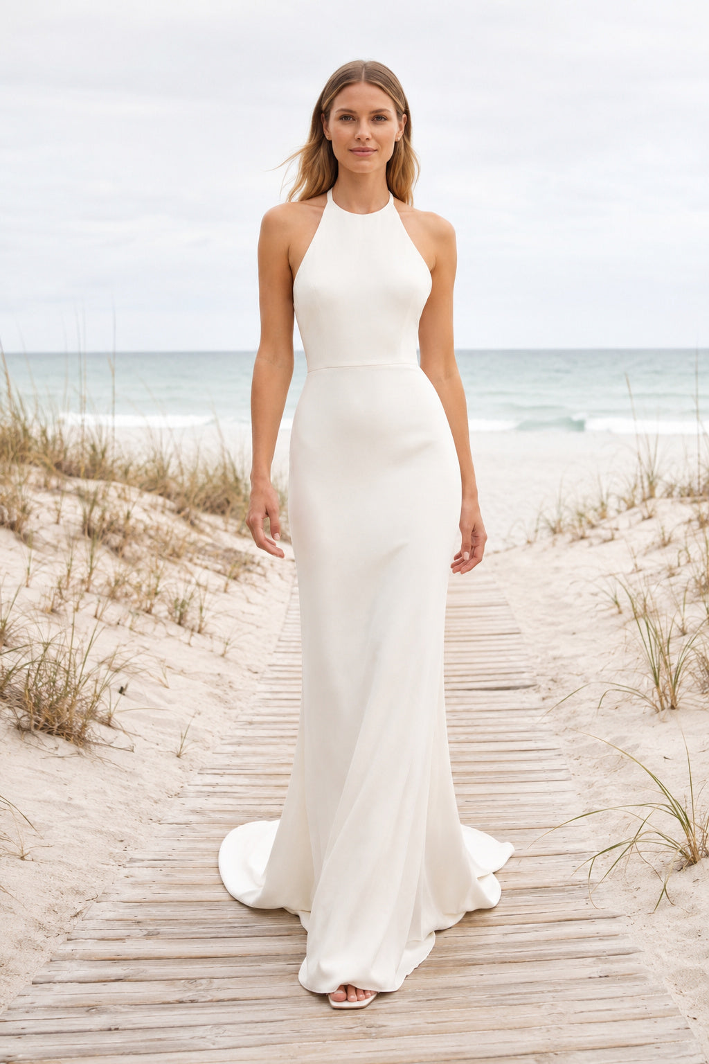White Halter Stretch Satin Sheath Wedding Dress with Open Keyhole Back front view
