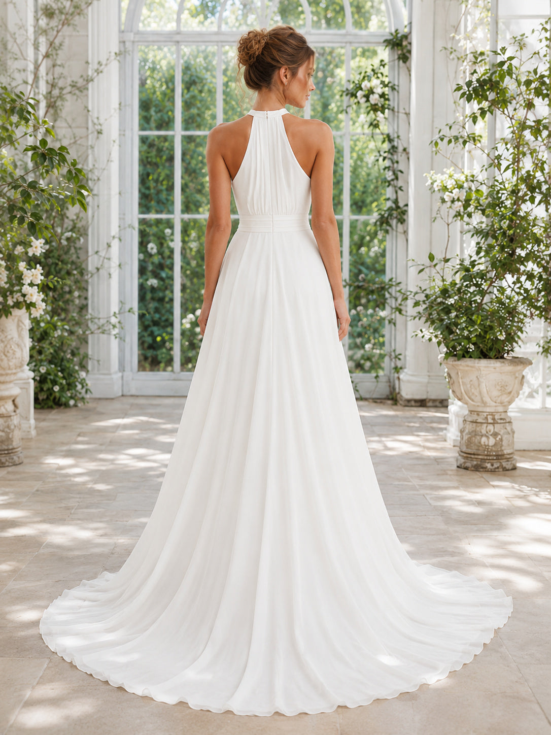 Beach Chiffon Wedding Dress A-Line Halter Sleeveless Floor Length Bridal Gown Style 722369 back view