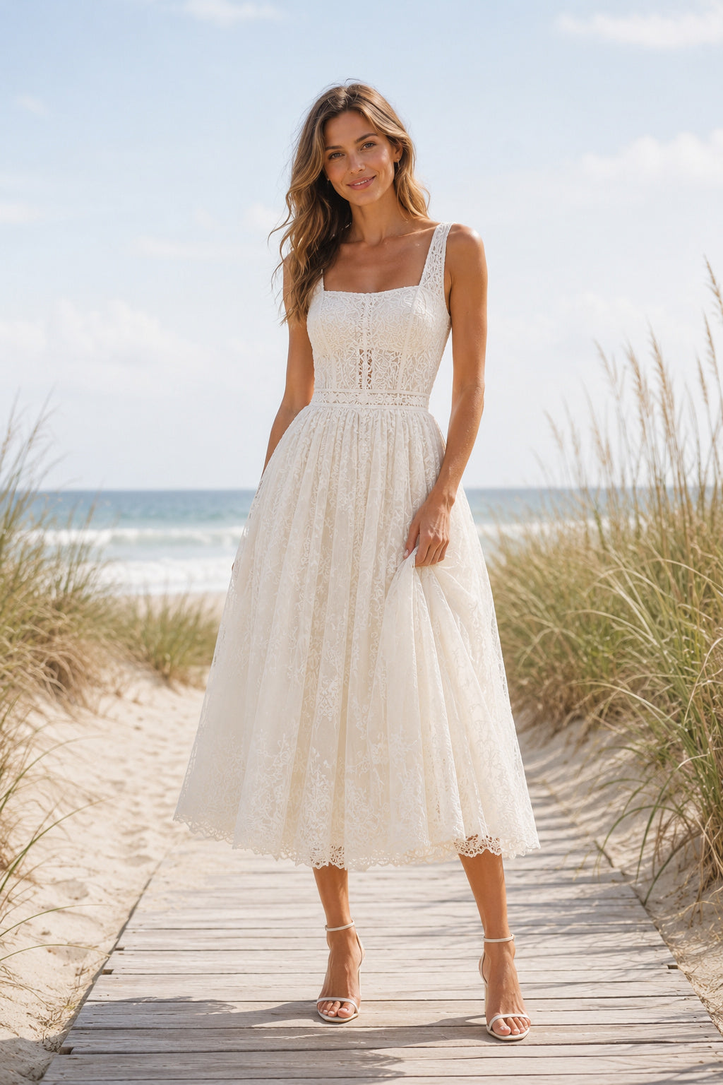 Ivory Square Strap Lace Tulle Tea Length Wedding Dress for Wedding Reception and Party front view