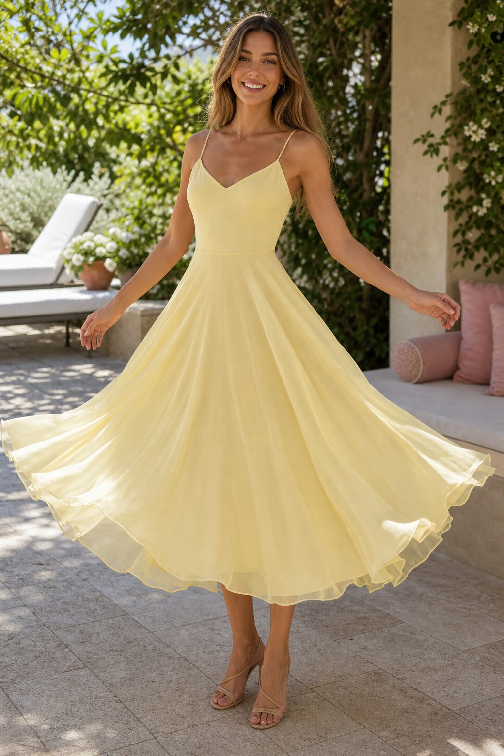 Yellow V-Neck Tea-Length Tulle A-Line Dress