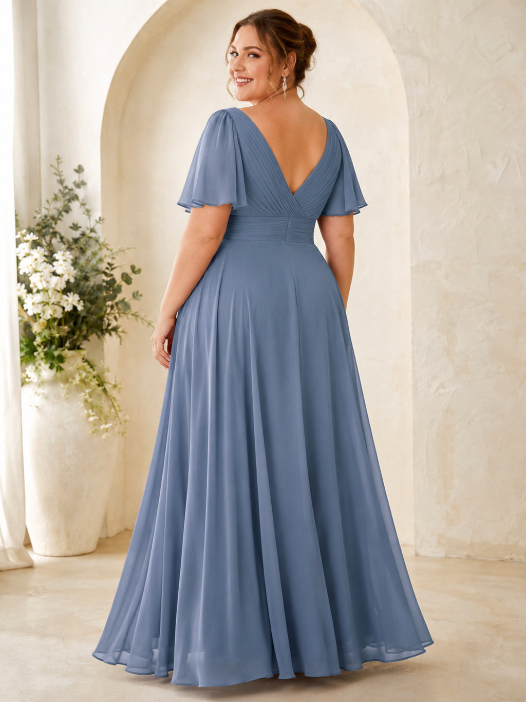 Dusty blue plus size flutter sleeve chiffon floor length bridesmaid dress back view