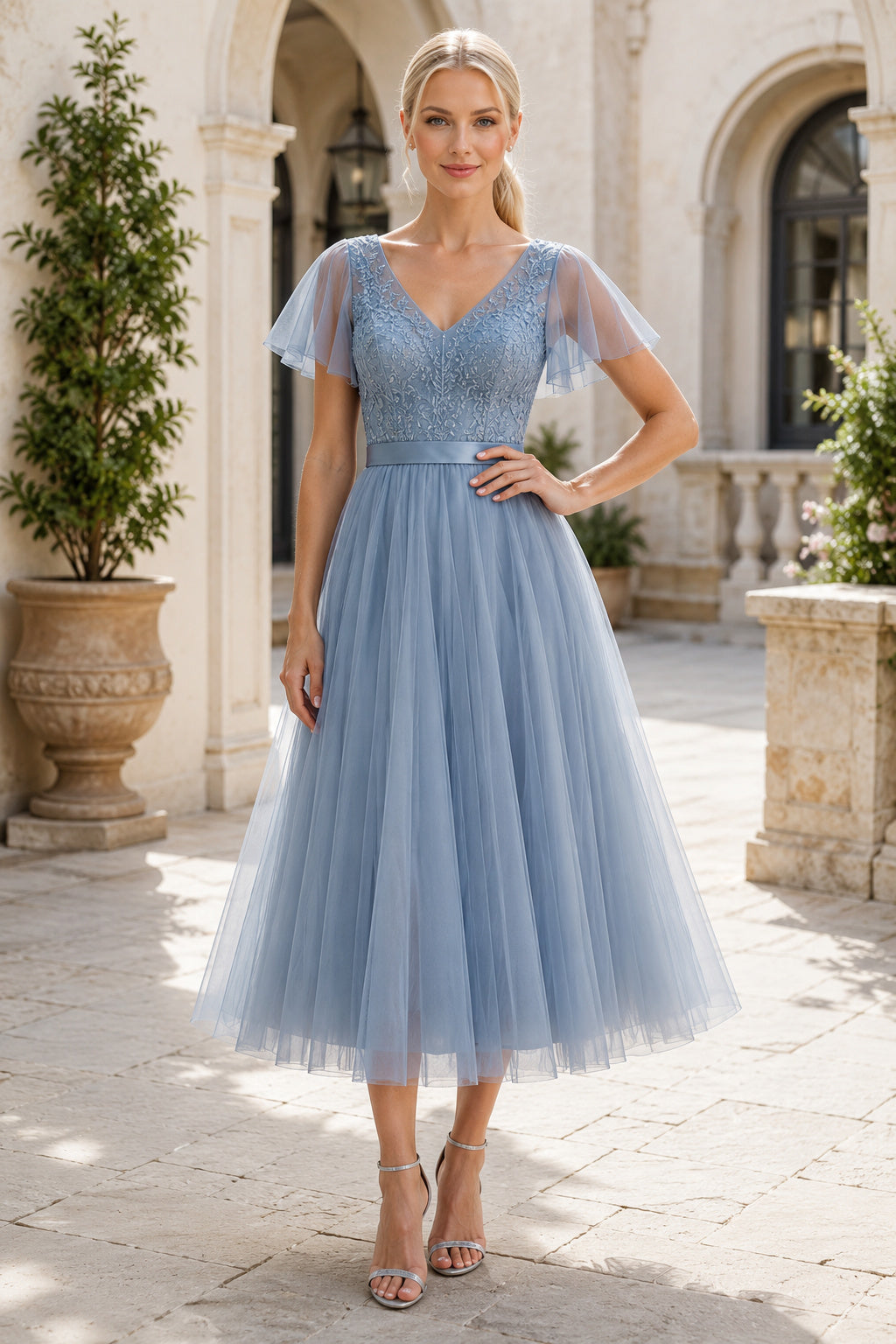 Sky Blue V-Neck Tea-Length Tulle Dress with Flutter Sleeves front view