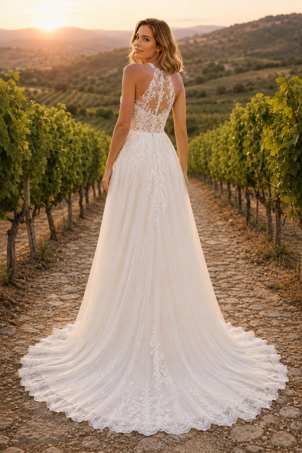 Ivory Halter Illusion Lace A-Line Wedding Dress with High Slit and Sweep Train back view