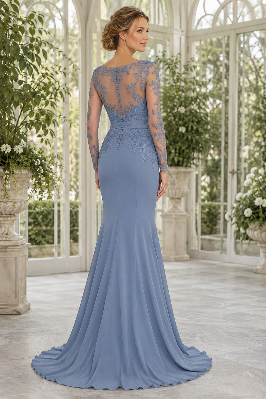 Steel Blue Illusion Lace Mermaid Mother Dress with Long Sleeves and Sweep Train back view