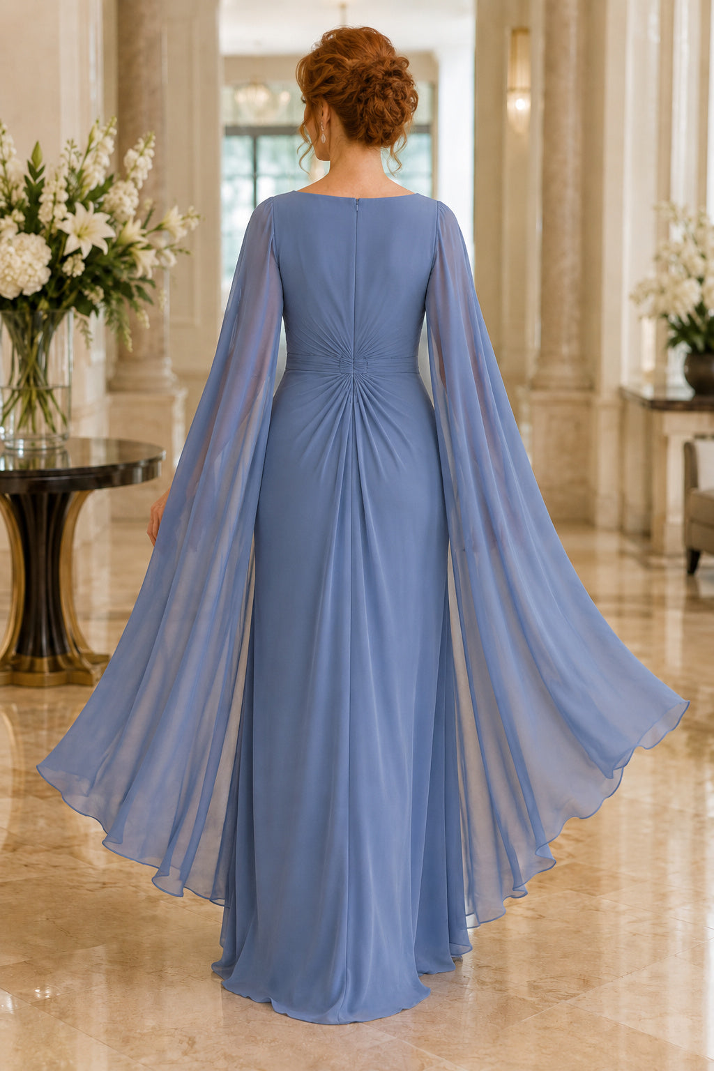 Steel Blue Bateau Chiffon Sheath Mother Dress with Pleated Bodice and Cape Sleeves back view