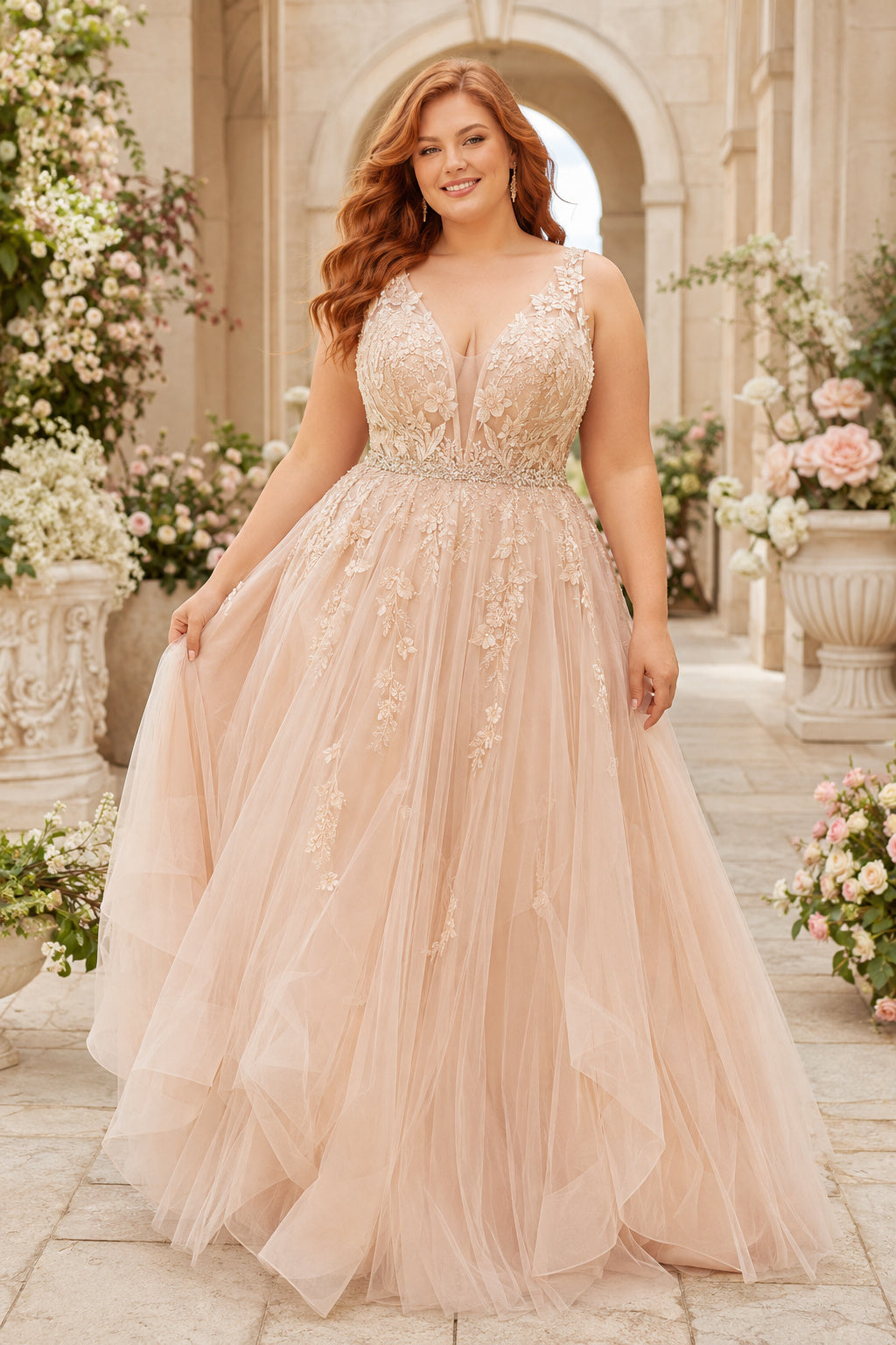Champagne Plus Size Tulle A-Line Formal Dress with Beaded Lace Bodice for Prom Evening and Formal Reception Events front view