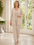 Champagne Luxury Sequined-Shell Straight-Leg Mother of the Bride Pantsuit with Longline Chiffon Jacket and Long Sleeves front