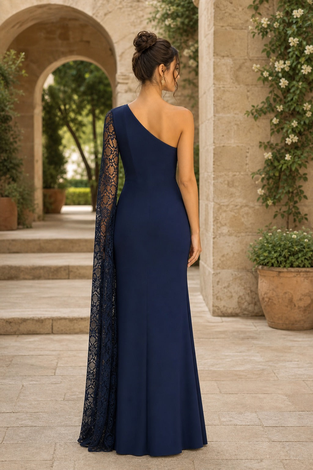 Navy One-Shoulder Floor-Length Sheath Dress with Lace Cape