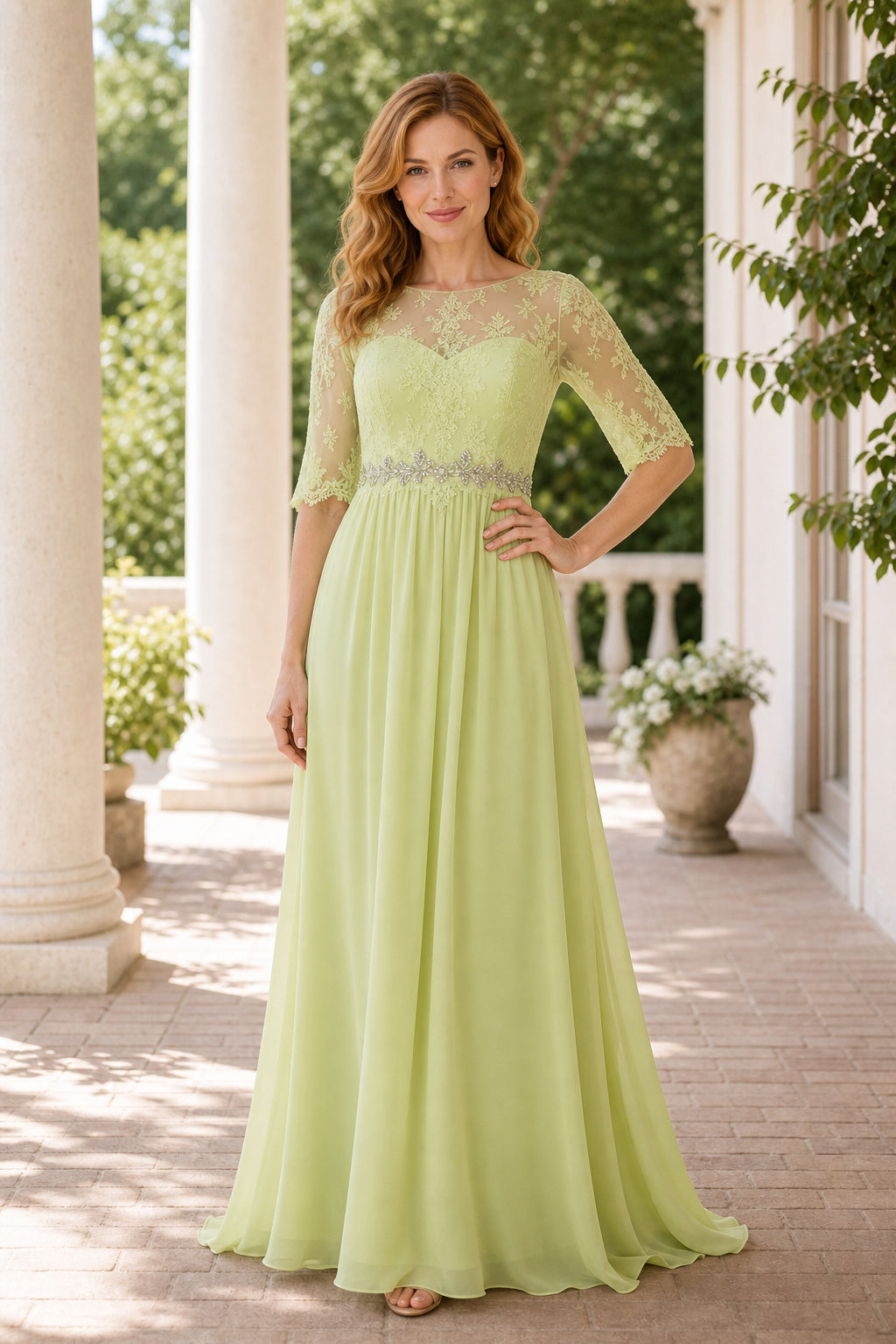 Lime Bateau Three-Quarter Sleeve A-Line Chiffon Floor-Length Dress With Lace Bodice